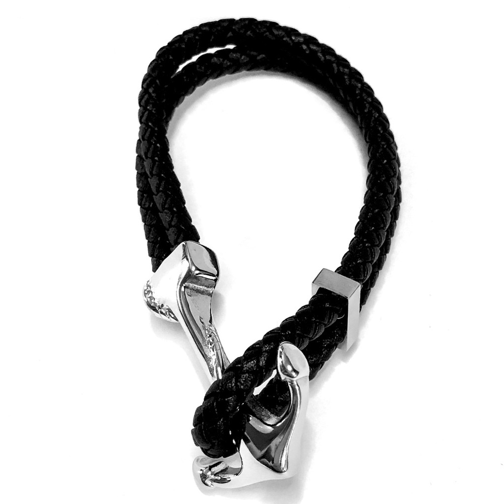 Adornia Stainless Steel Anchor w/Black Braided Leather Bracelet
